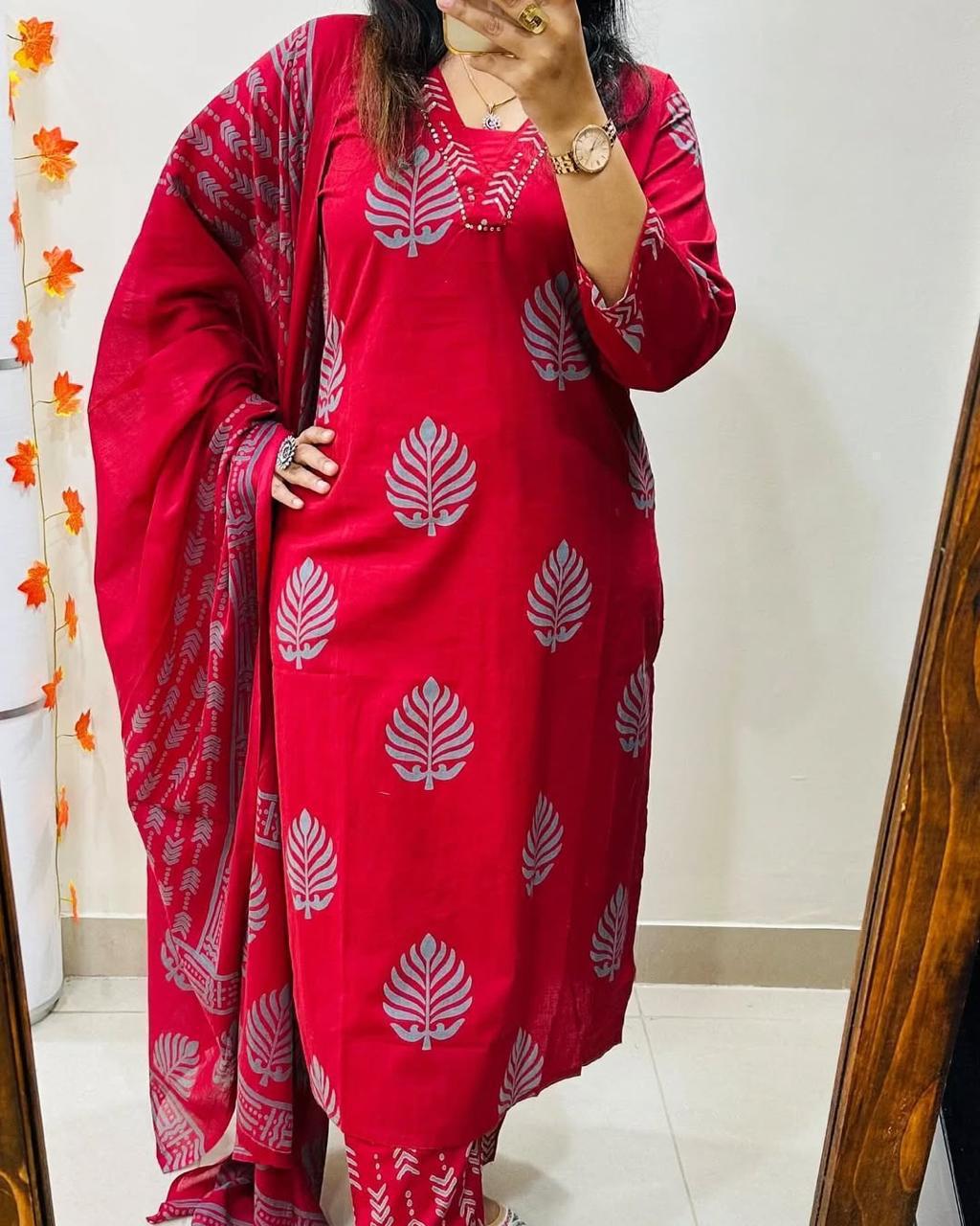 Traditional Indian Cotton Kurti Pant with Dupatta for Women
